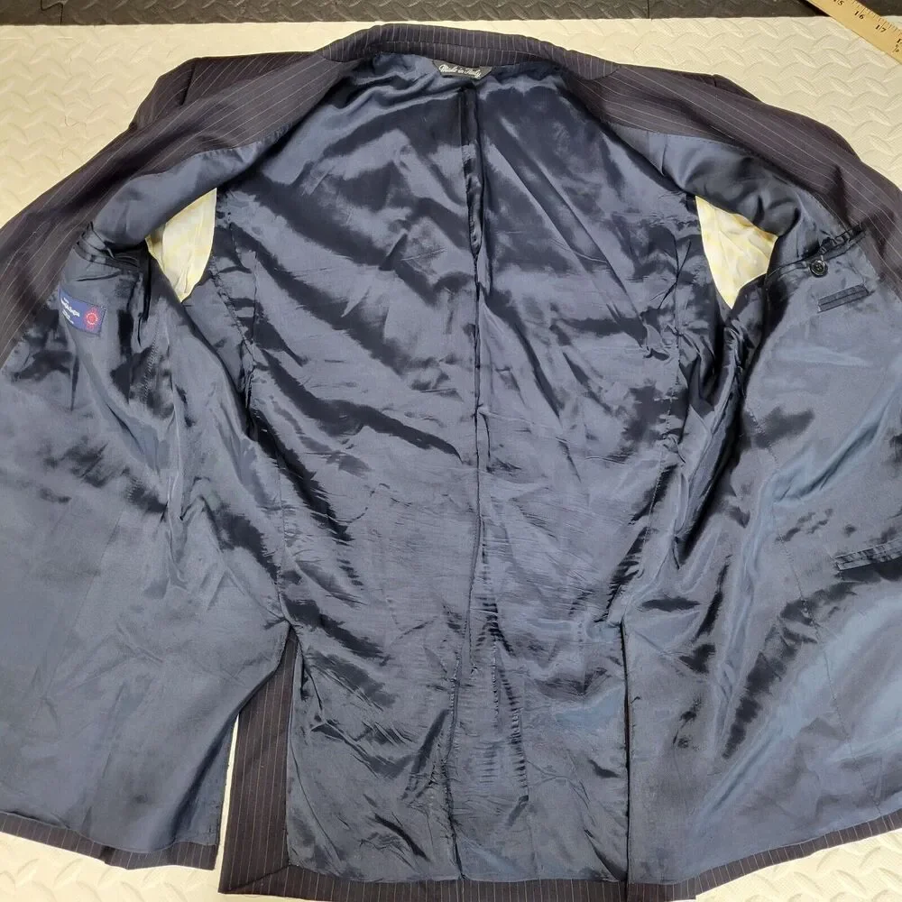 Ermenegildo Zegna Wool Suit Jacket Size 44‎ RE Navy Blue Pinstriped 